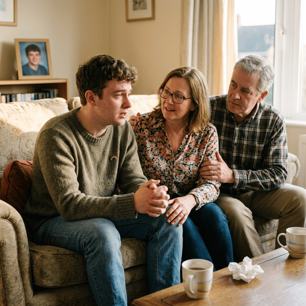 Young man sits with supportive parents in a warmly lit living room